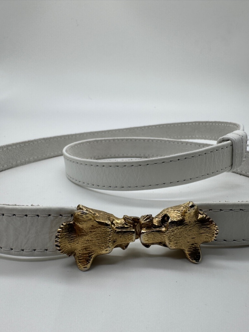 Vintage Raina Designer White Leather Belt with Gold Sculpted Animal-Head Buckle